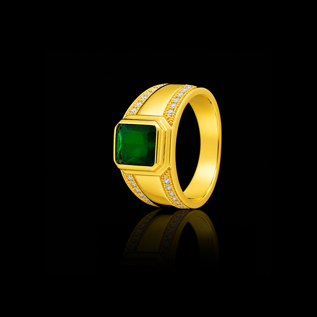Gents Emerald Colour Bezel Signet Ring Gold Layered