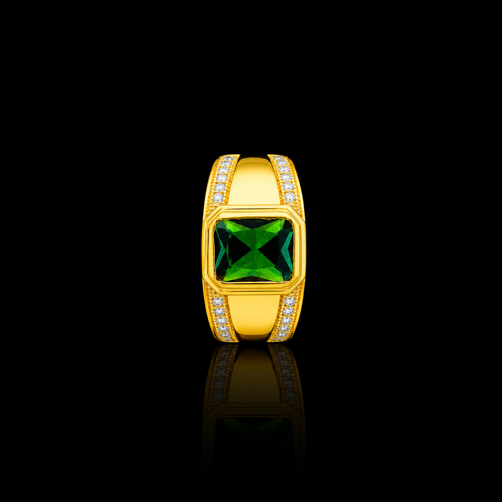 Gents Emerald Colour Bezel Signet Ring Gold Layered