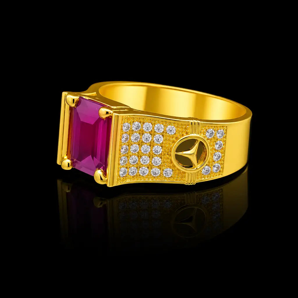 Gents Ruby Colour Solitaire Pave Signet Ring Gold Layered