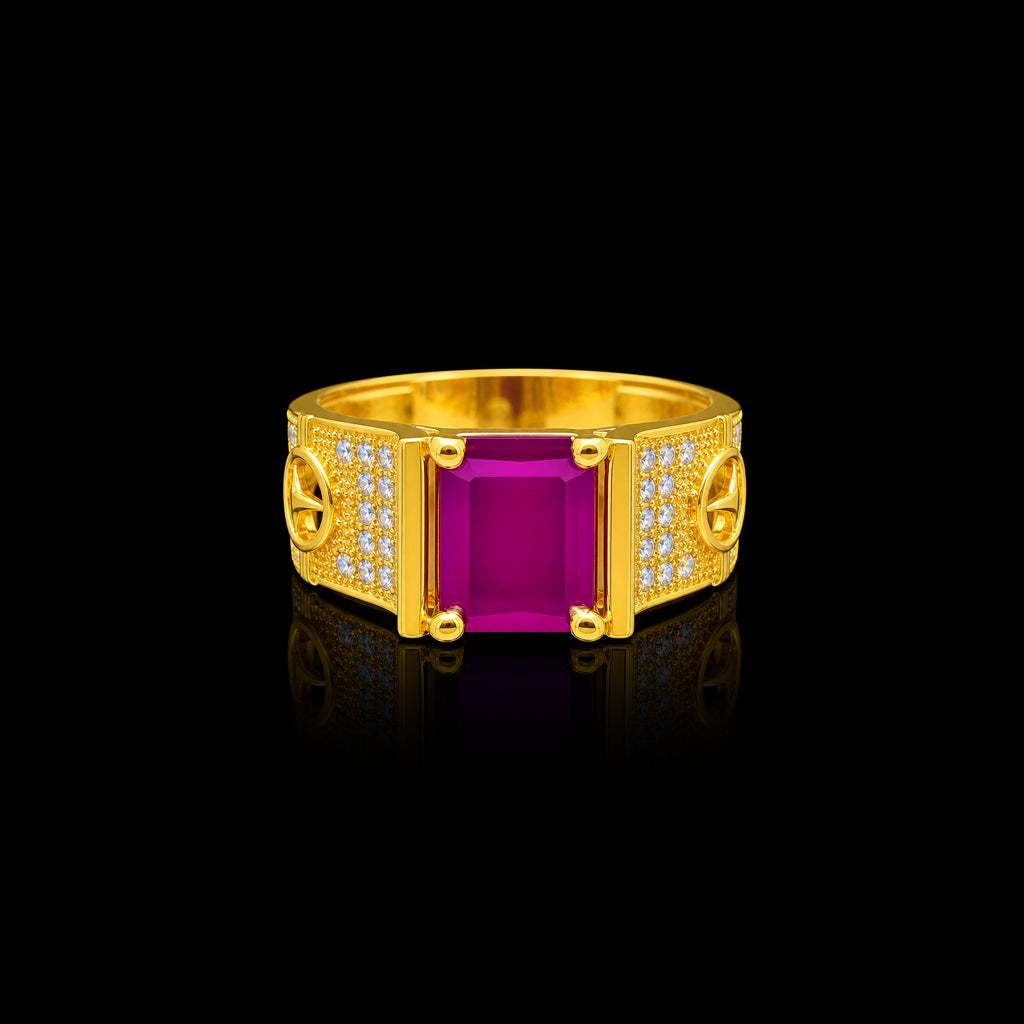 Gents Ruby Colour Solitaire Pave Signet Ring Gold Layered
