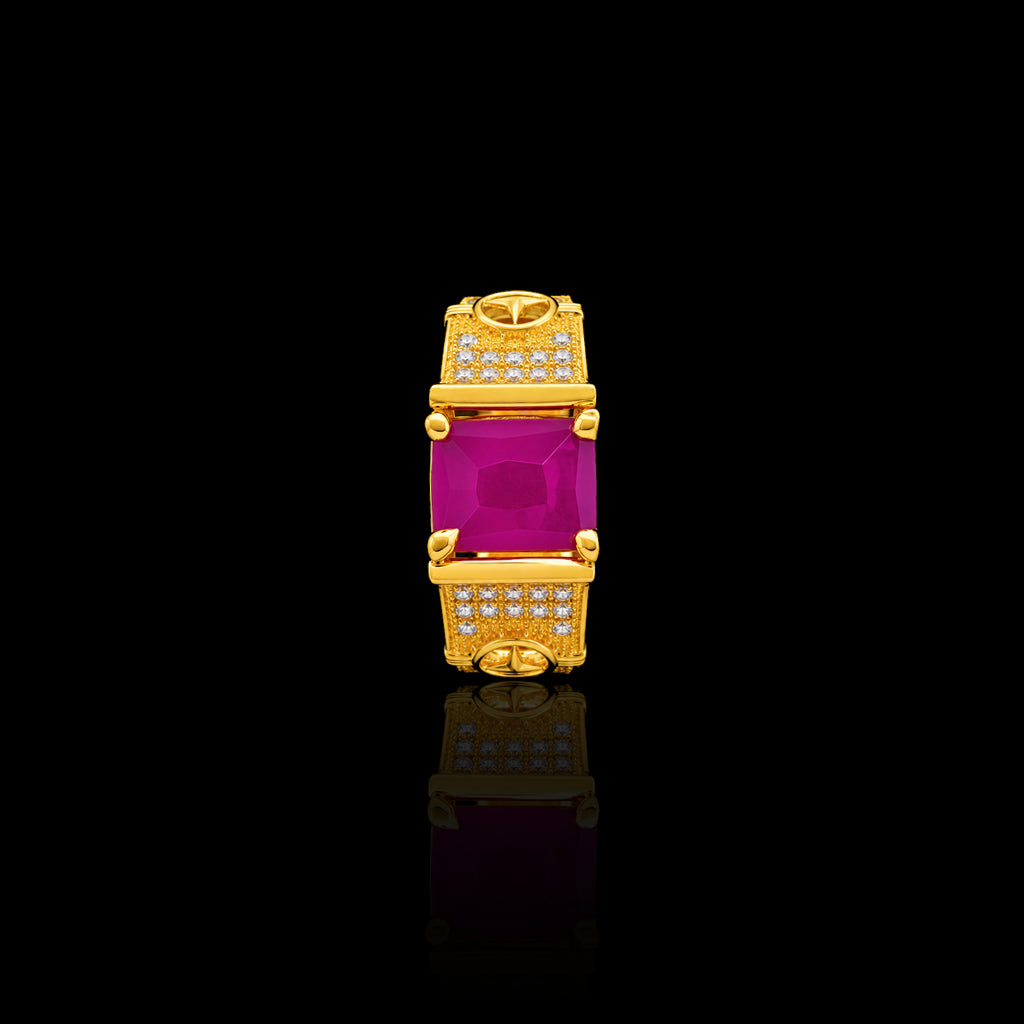 Gents Ruby Colour Solitaire Pave Signet Ring Gold Layered