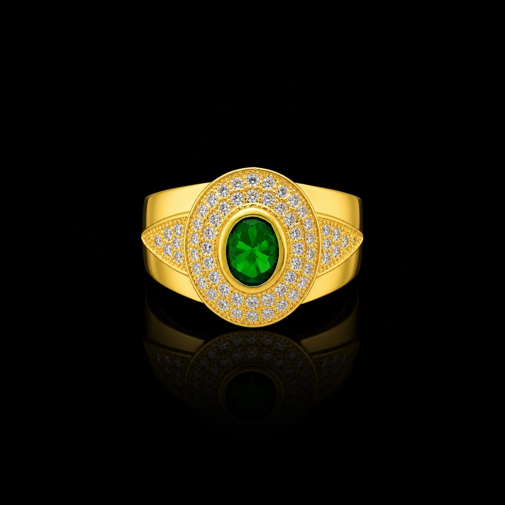 Gents Emerald Colour Oval Pave Signet Ring Gold Layered