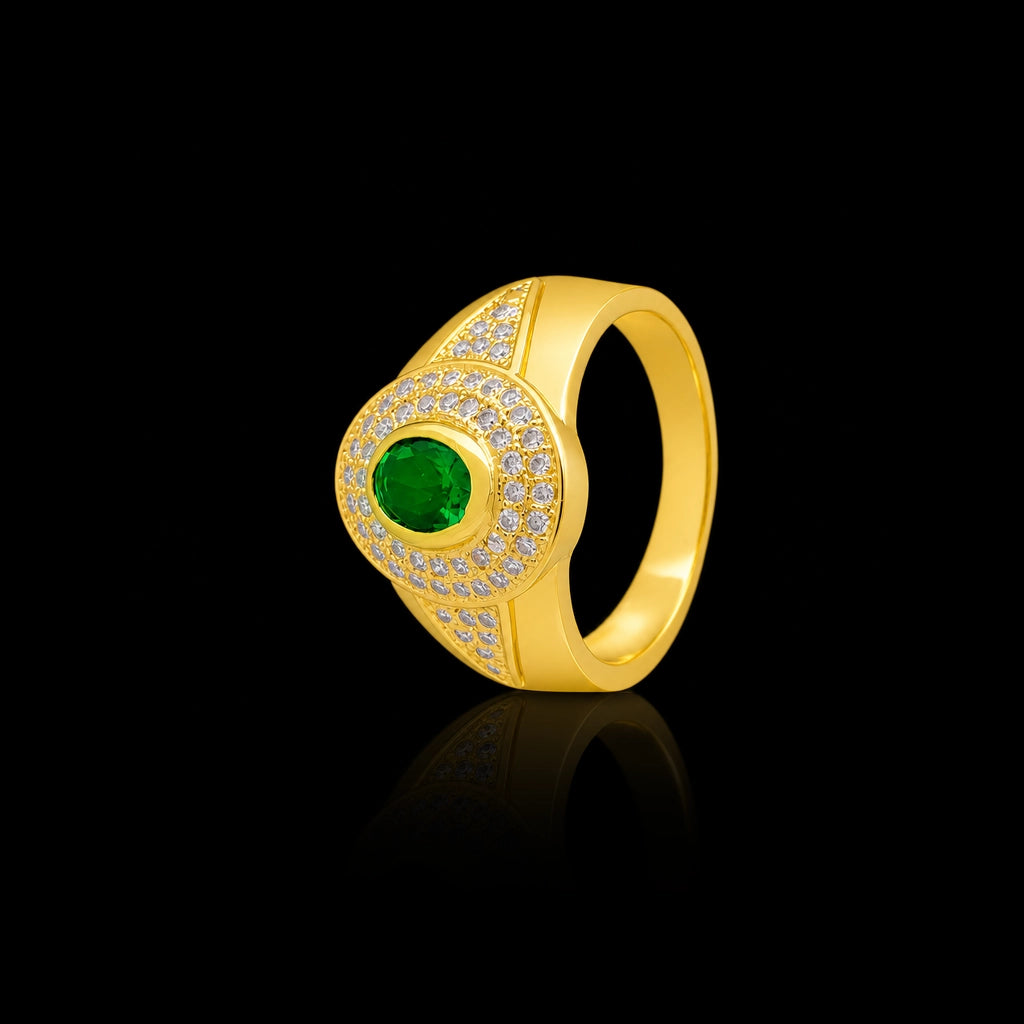 Gents Emerald Colour Oval Pave Signet Ring Gold Layered