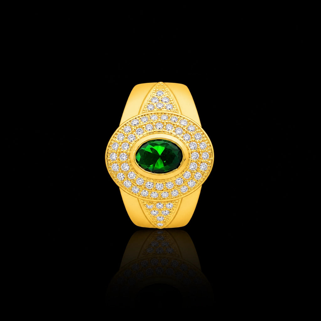 Gents Emerald Colour Oval Pave Signet Ring Gold Layered