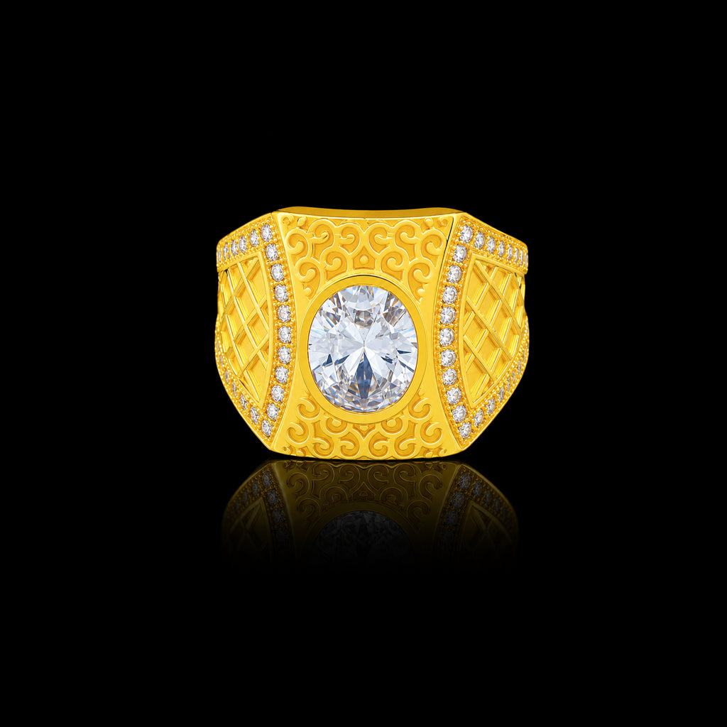 Gents CZ Oval Lattice Scroll Band Ring Gold Layered