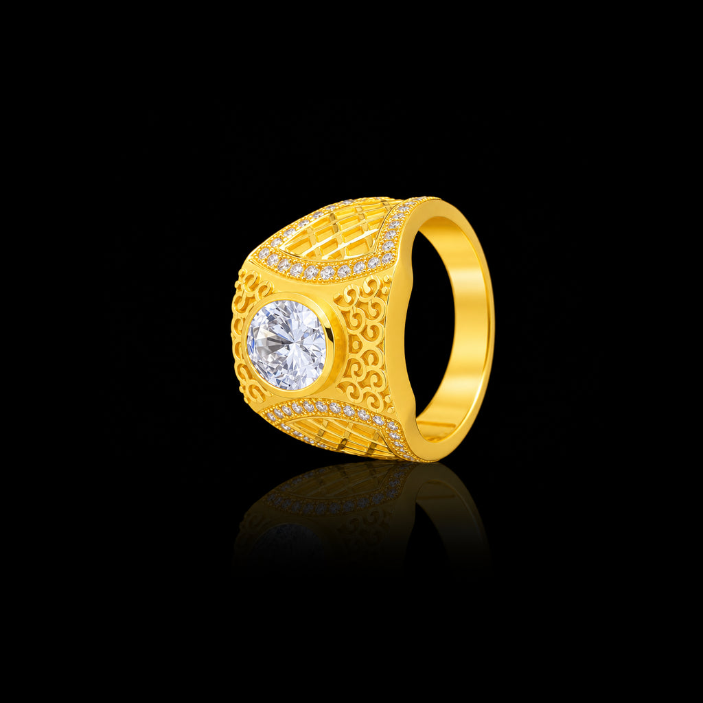 Gents CZ Oval Lattice Scroll Band Ring Gold Layered