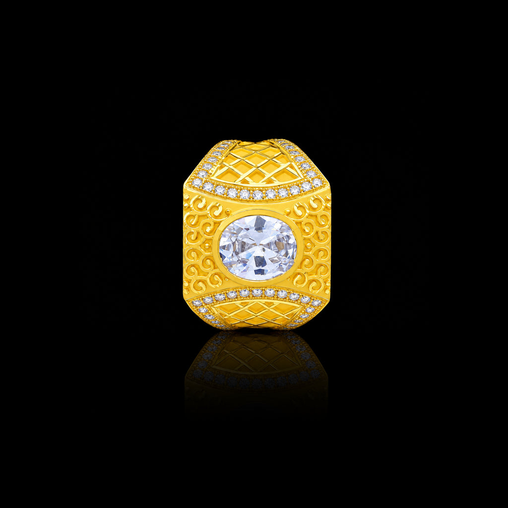 Gents CZ Oval Lattice Scroll Band Ring Gold Layered