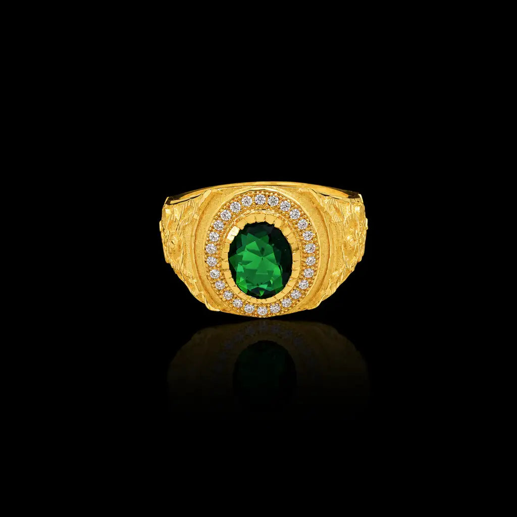 Gents Emerald Colour Oval Halo Engraved Signet Ring Gold Layered