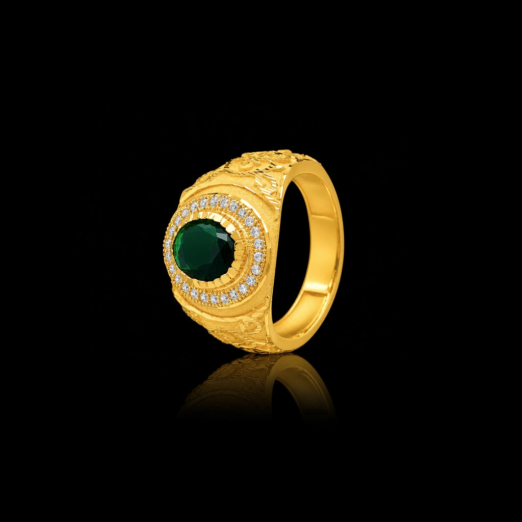Gents Emerald Colour Oval Halo Engraved Signet Ring Gold Layered