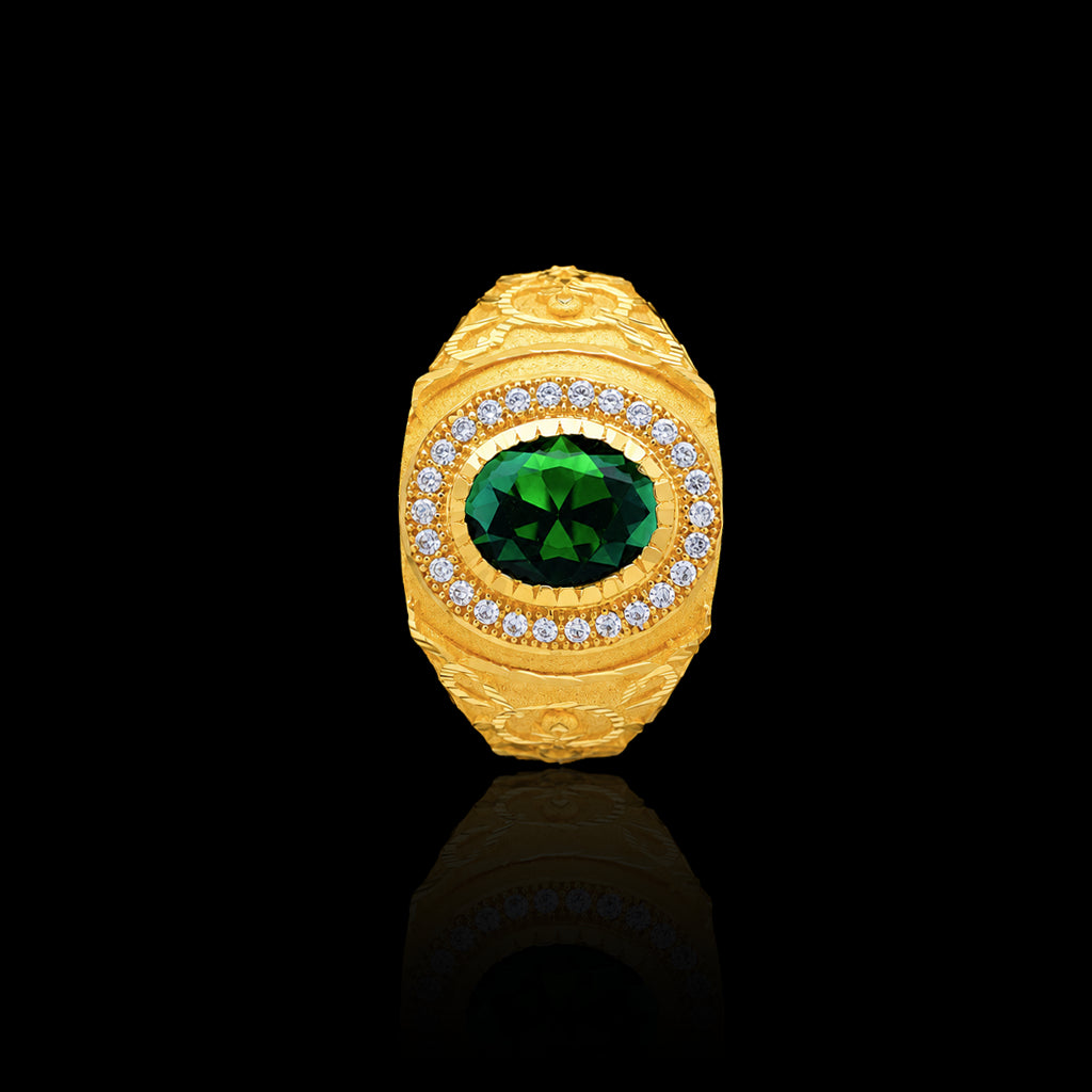 Gents Emerald Colour Oval Halo Engraved Signet Ring Gold Layered