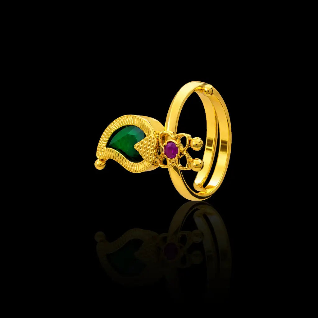 Traditional Palakka Manga (Mango) Green Stone Adjustable Ring Gold Layered