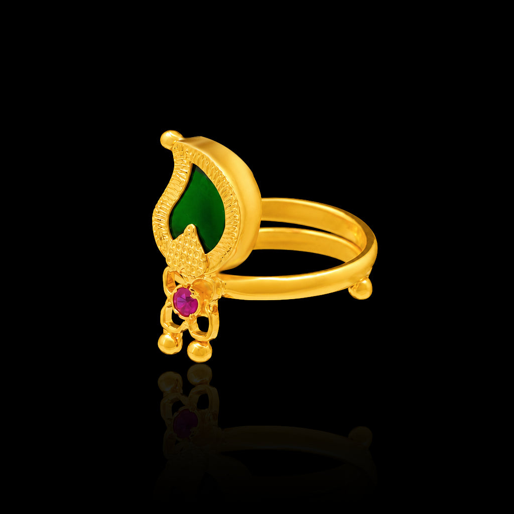 Traditional Palakka Manga (Mango) Green Stone Adjustable Ring Gold Layered