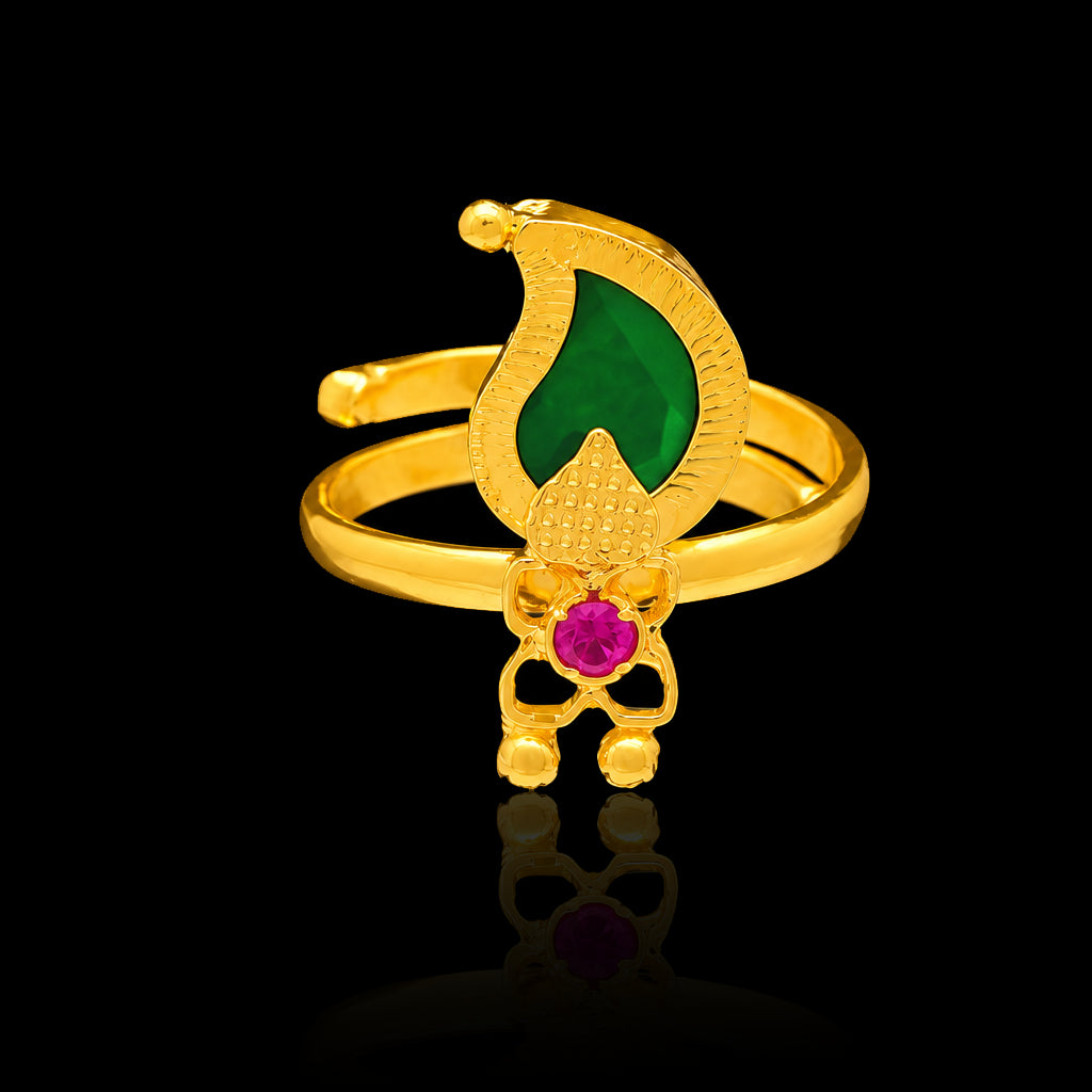 Traditional Palakka Manga (Mango) Green Stone Adjustable Ring Gold Layered