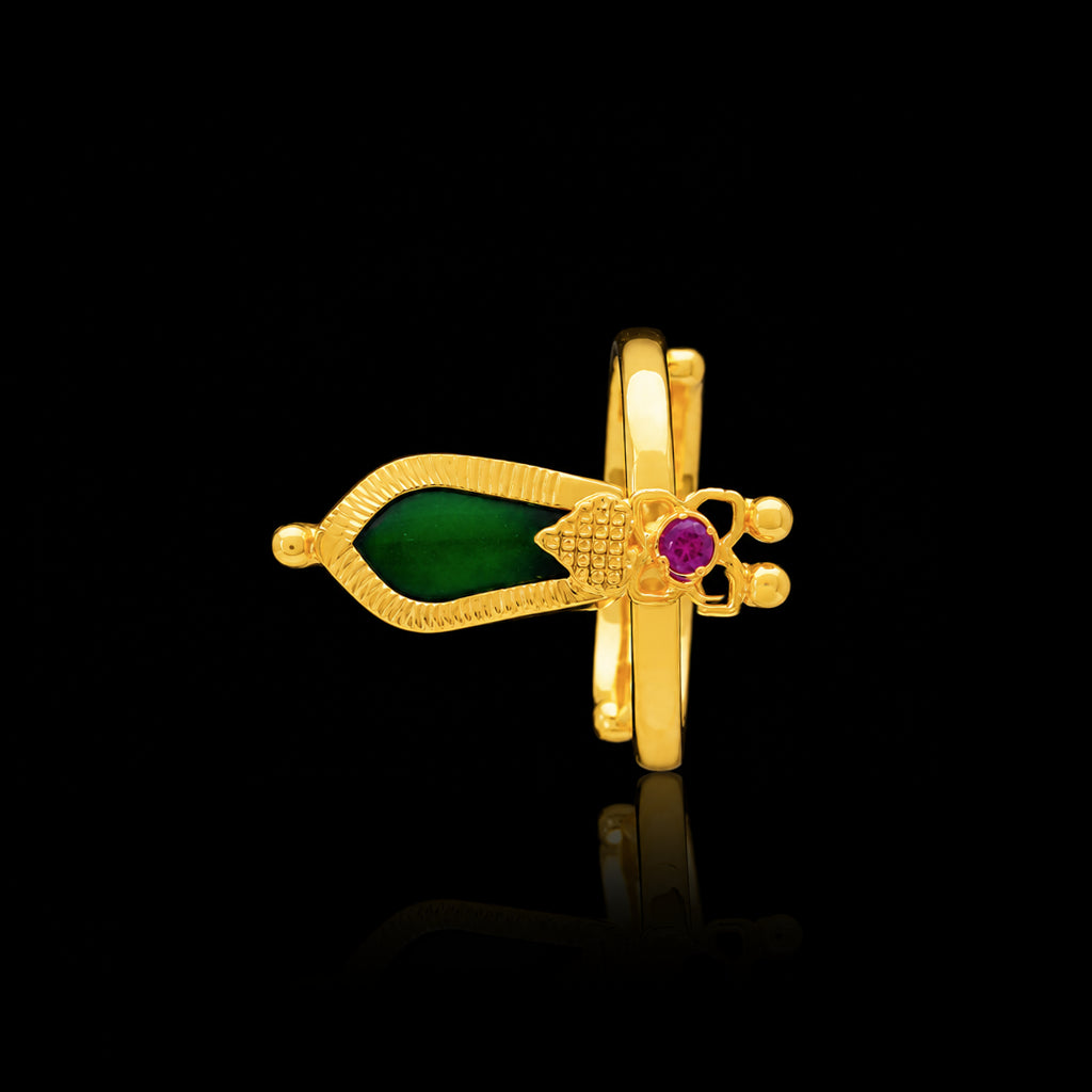 Traditional Nagapadam Green Stone Adjustable Ring Gold Layered