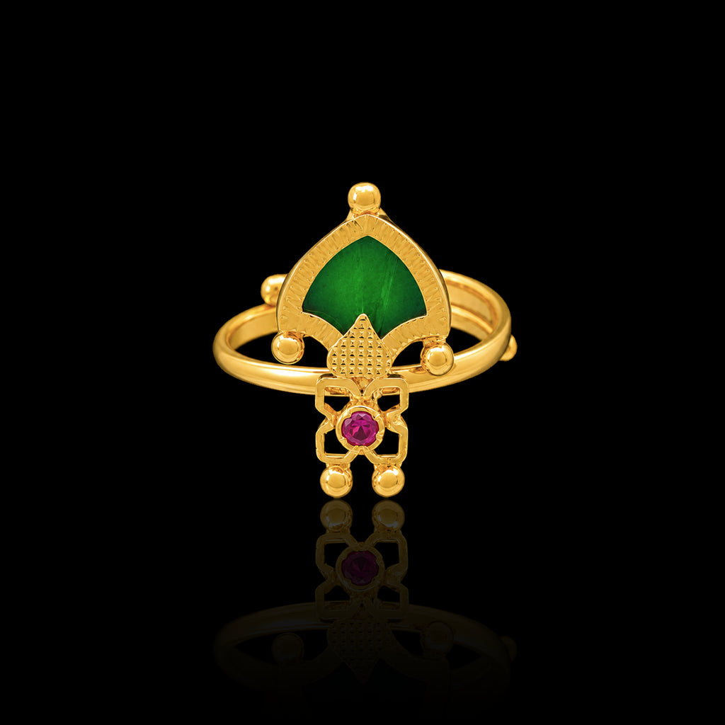 Traditional Palakka Green Stone Adjustable Rng Gold Layered