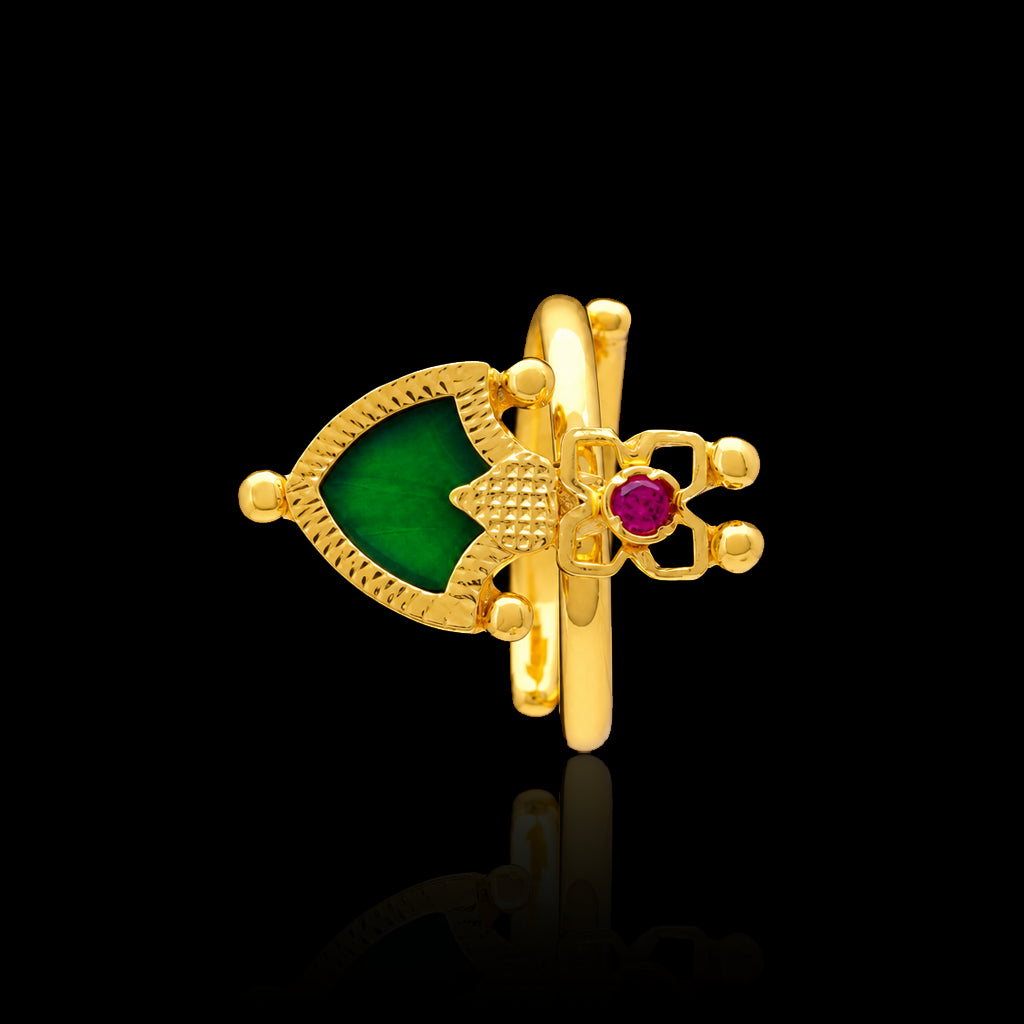Traditional Palakka Green Stone Adjustable Rng Gold Layered