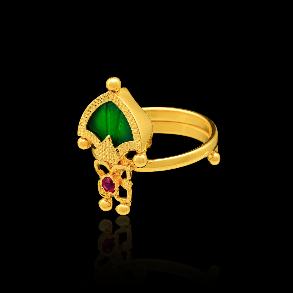 Traditional Palakka Green Stone Adjustable Rng Gold Layered