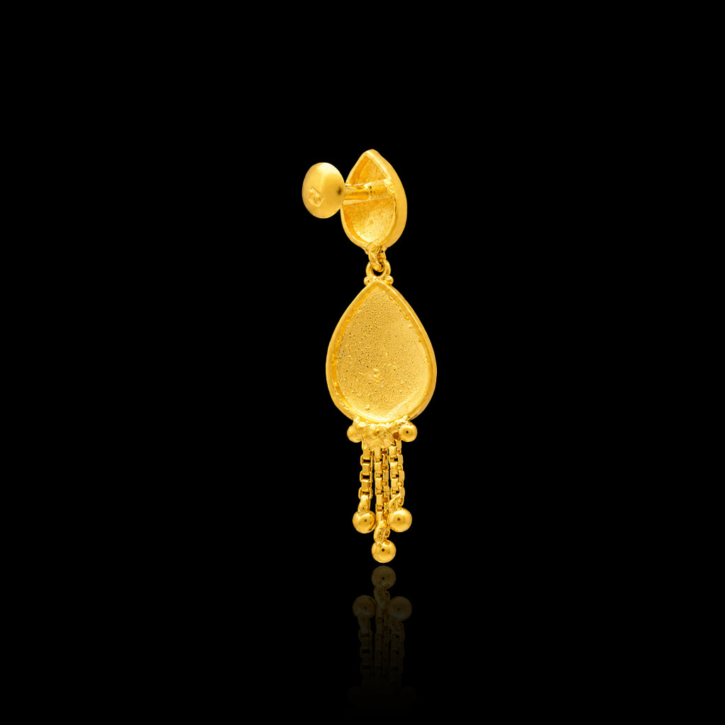 Leaf Engraved Twin Drop Fringe Hanging Stud Gold Layered