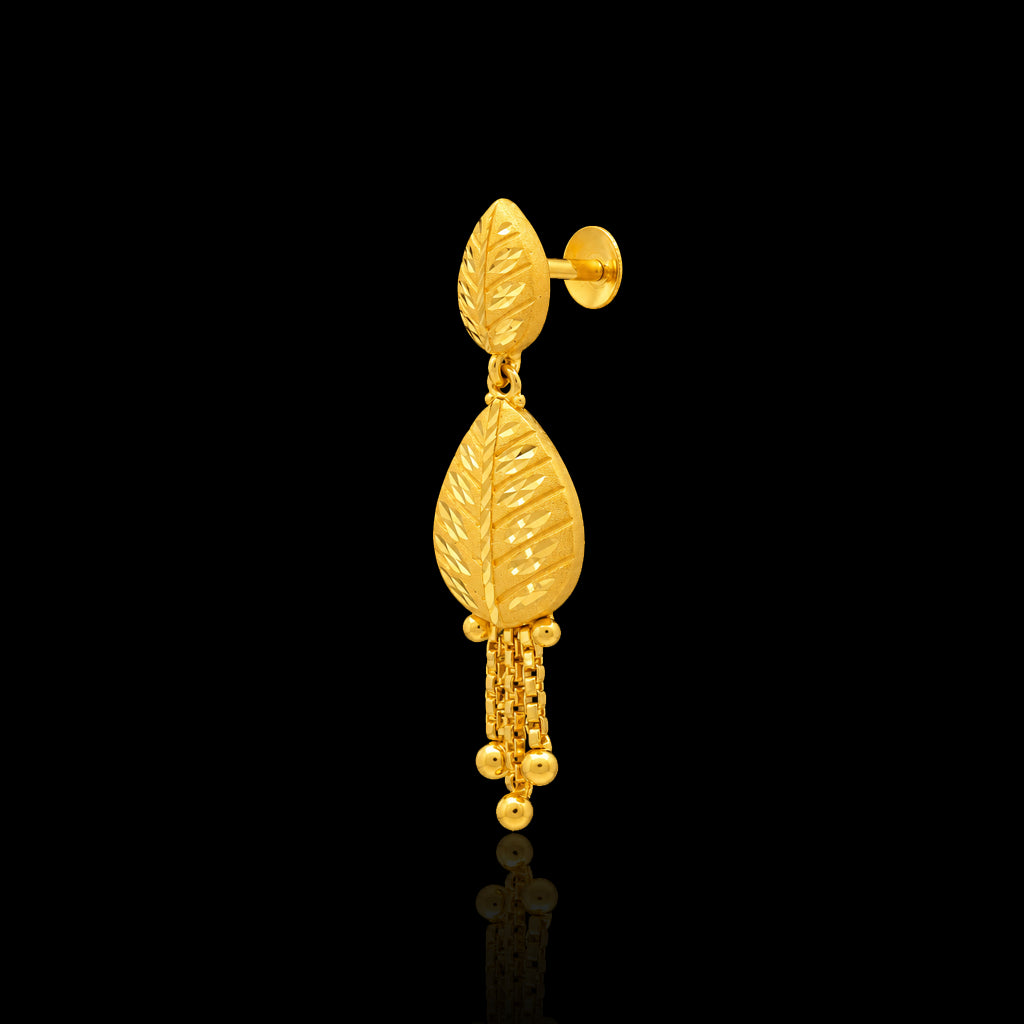 Leaf Engraved Twin Drop Fringe Hanging Stud Gold Layered