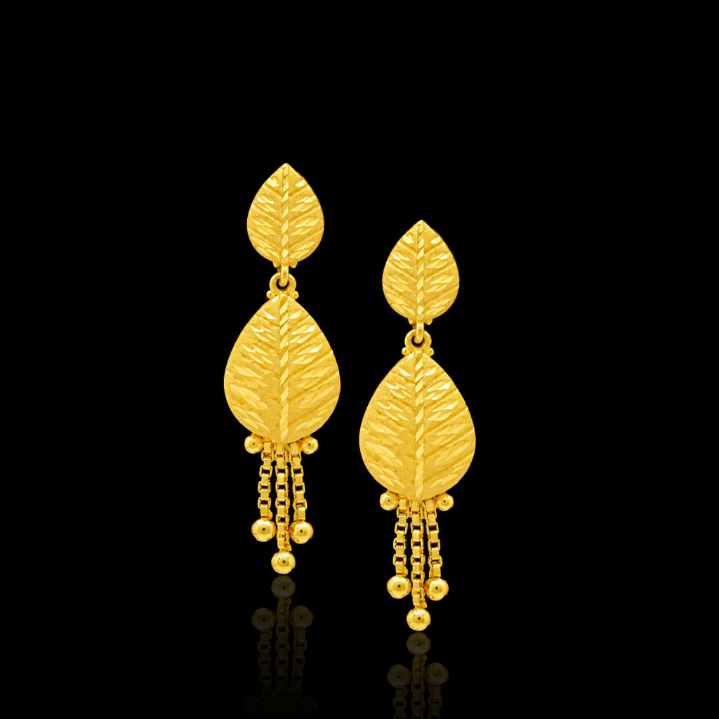 Leaf Engraved Twin Drop Fringe Hanging Stud Gold Layered
