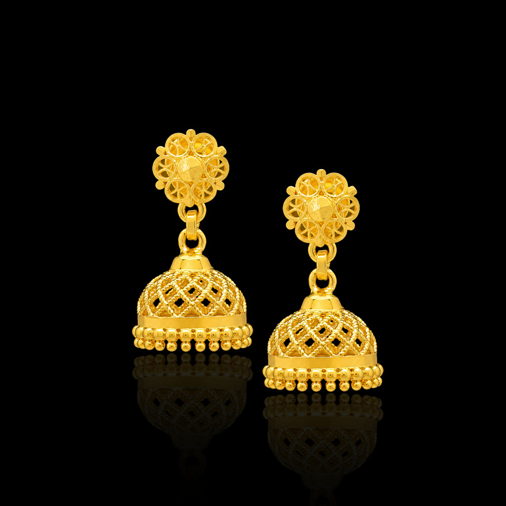 Floret Top Lattice Dome Jhumka Gold Layered
