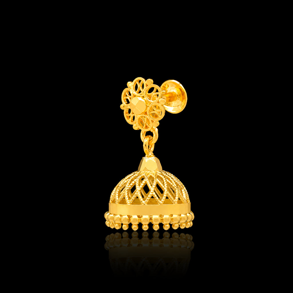 Floret Top Lattice Dome Bead Jhumka Gold Layered