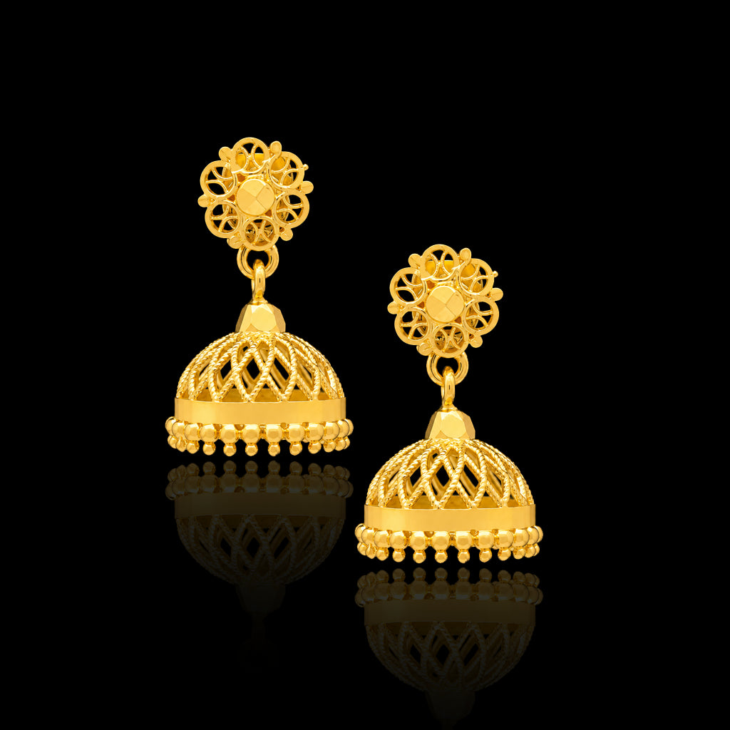 Floret Top Lattice Dome Bead Jhumka Gold Layered