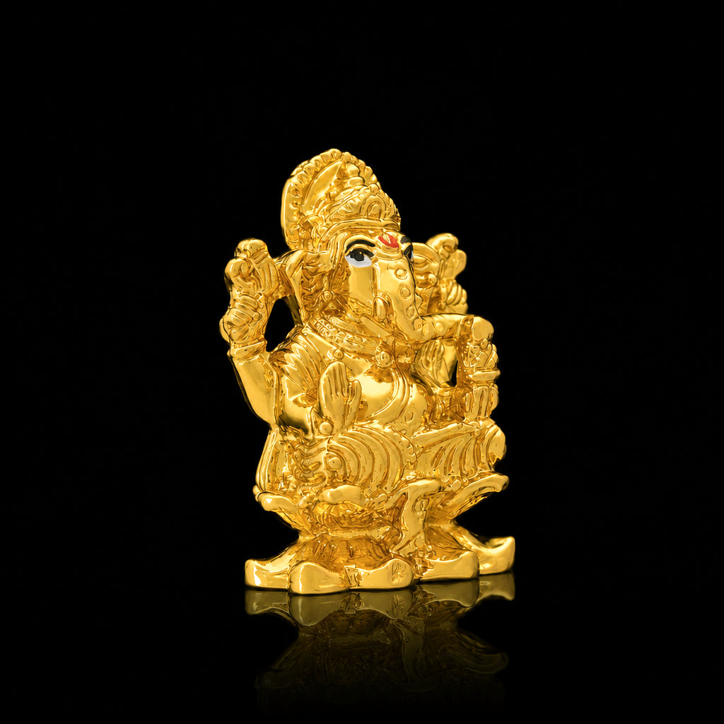 Ornate Seated Ganesha Brass Idol Gold Layered