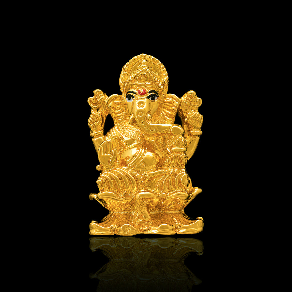 Ornate Seated Ganesha Brass Idol Gold Layered