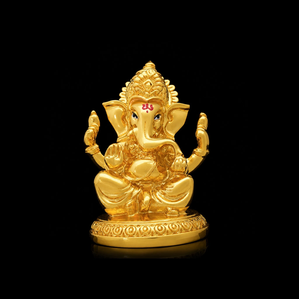 Four Arm Seated Ganesha Brass Idol Gold Layered