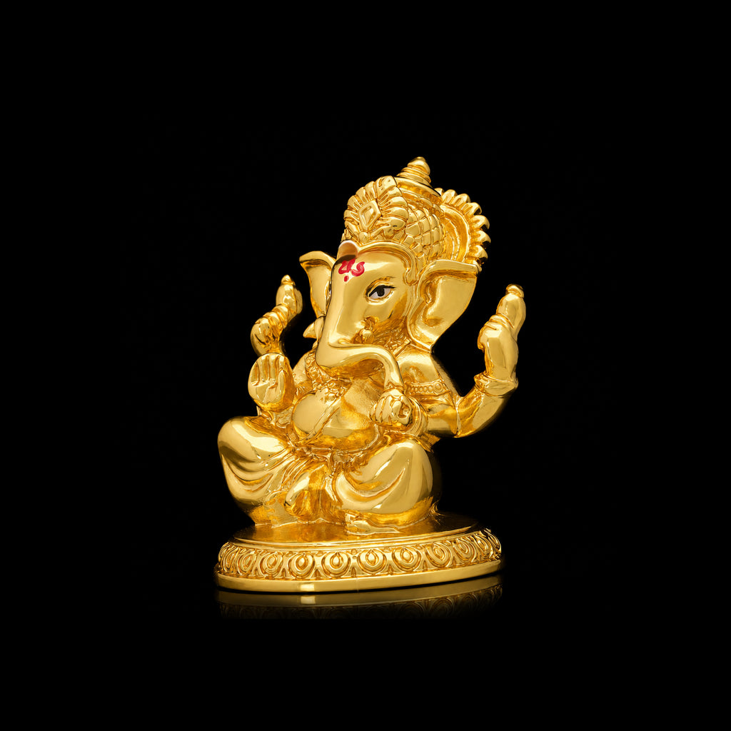 Four Arm Seated Ganesha Brass Idol Gold Layered