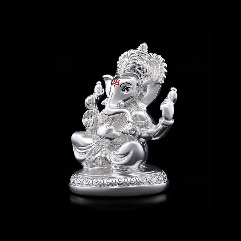 Four Arm Seated Ganesha Brass Idol Silver Finish