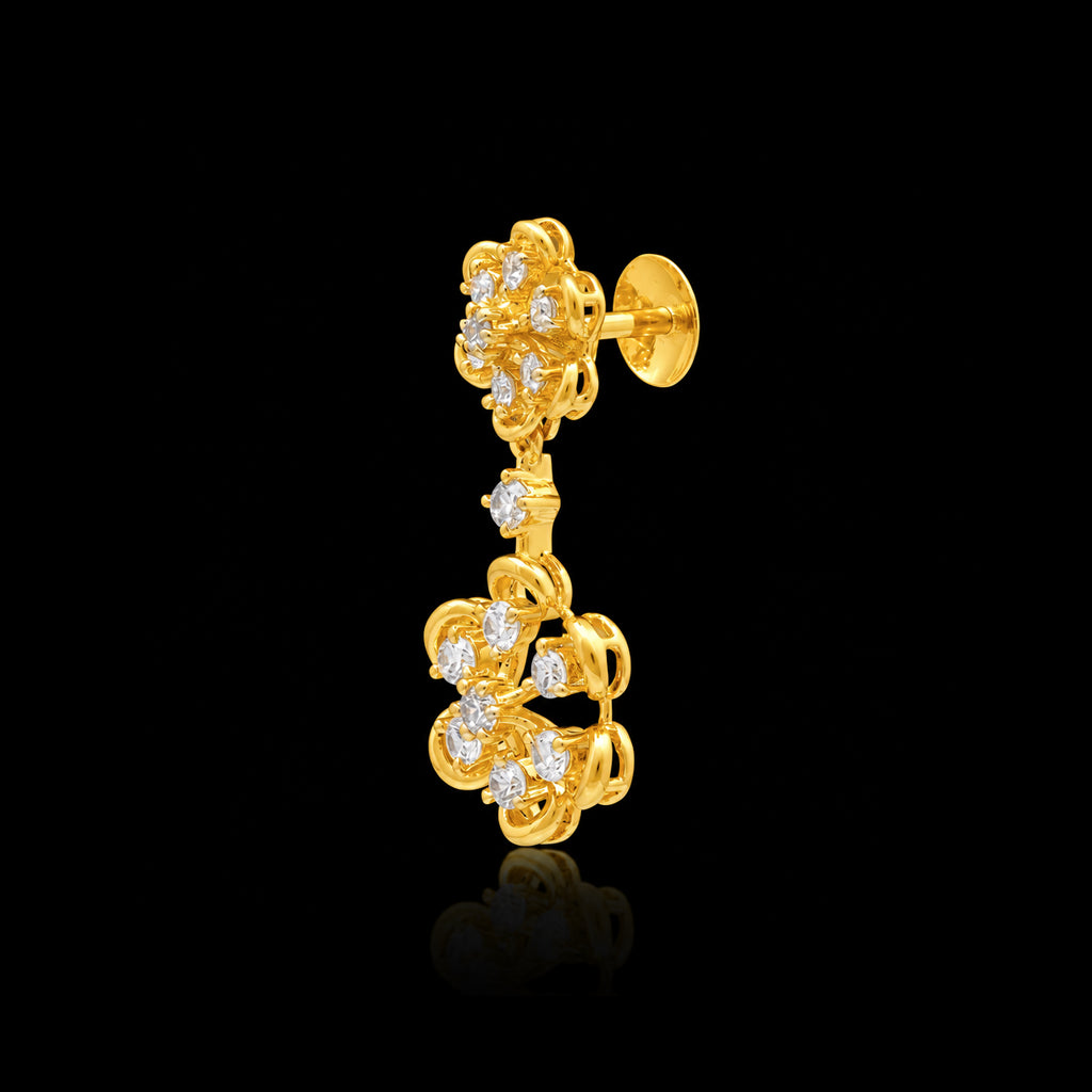 CZ Twin Floret Drop Hanging Stud Gold Layered