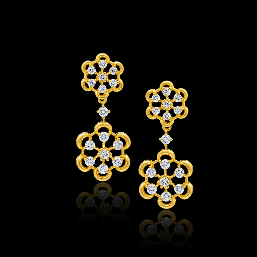 CZ Twin Floret Drop Hanging Stud Gold Layered