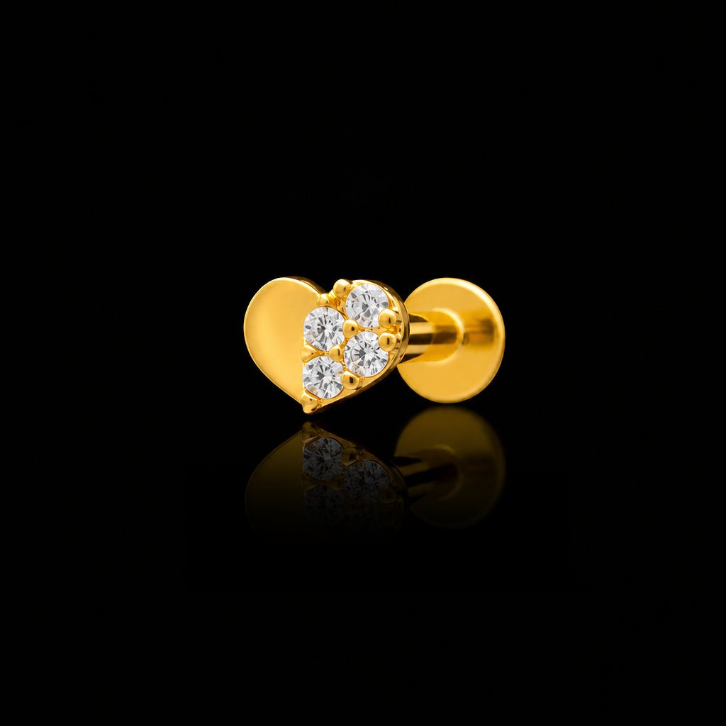 CZ Half Pave Heart Flat Stud Gold Layered