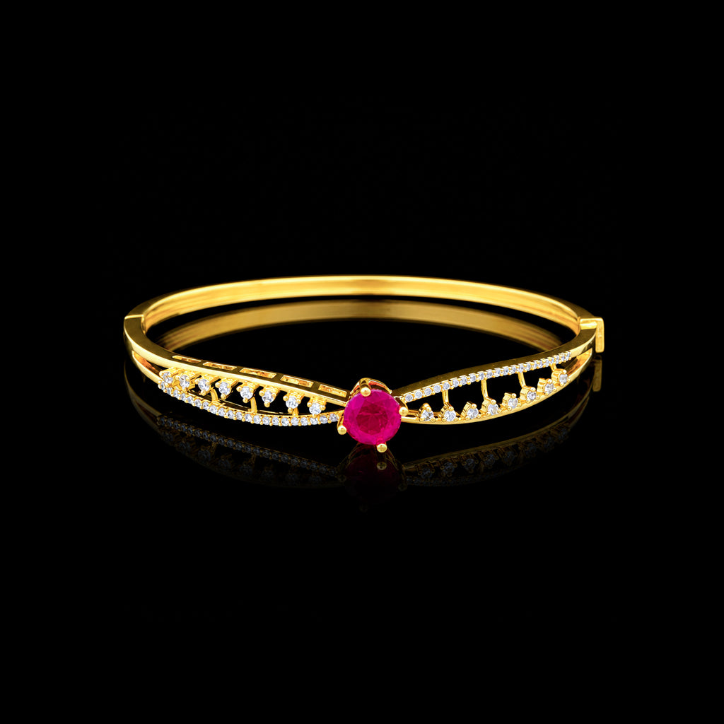 Ruby Colour Solitaire Leaf Lattice Bangle Gold Layered