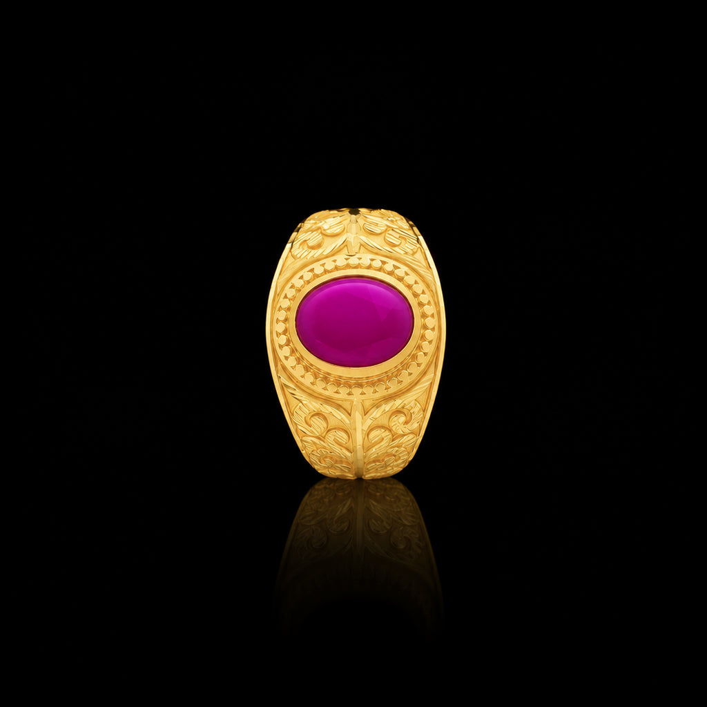 Ruby Colour Oval Solitaire Engraved Gents Ring Gold Layered