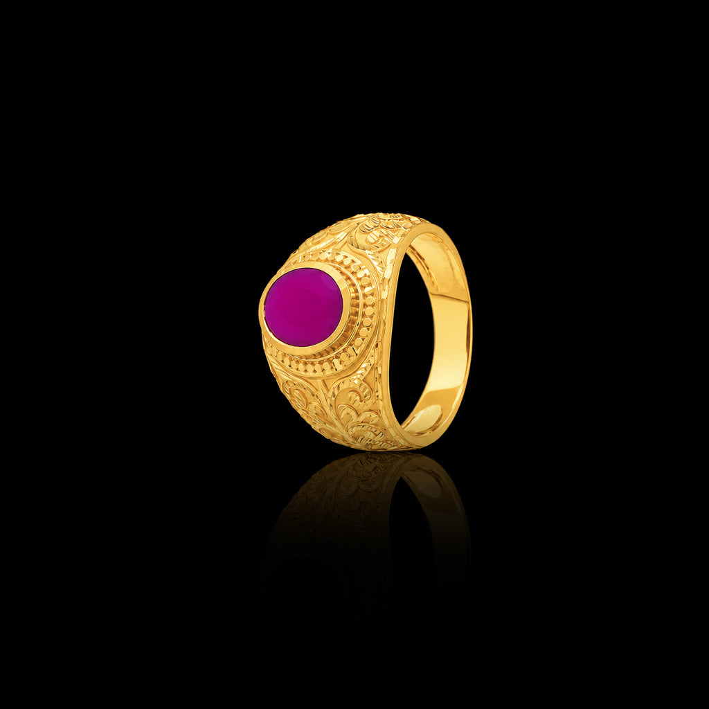 Ruby Colour Oval Solitaire Engraved Gents Ring Gold Layered
