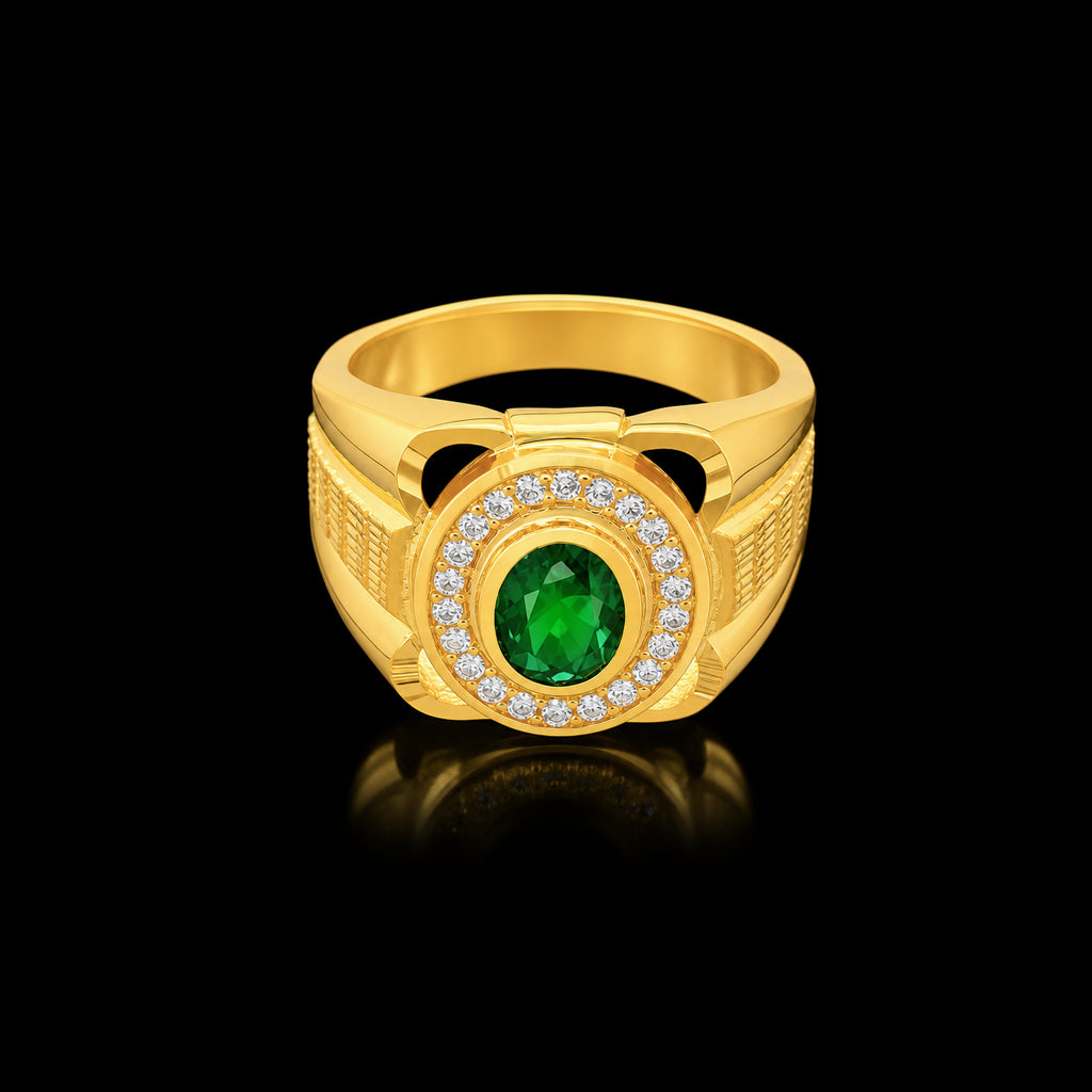 Emerald Colour Oval Halo CZ Gents Ring Gold Layered