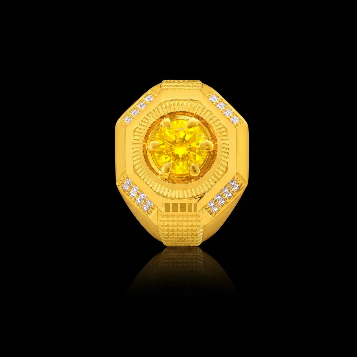 Yellow CZ Octagon Signet Engraved Gents Ring Gold Layered