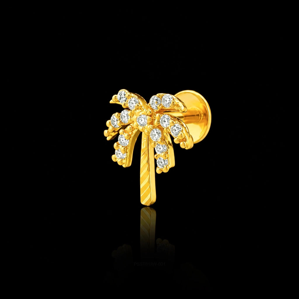 CZ Palm Tree Pave Stone Stud Gold Layered