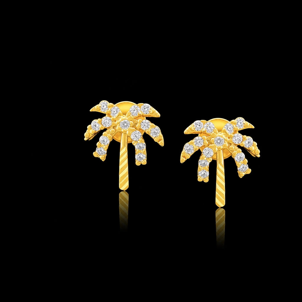 CZ Palm Tree Pave Stone Stud Gold Layered