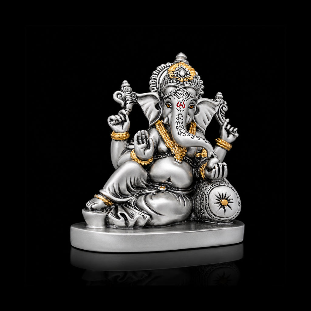 Silver Gold Seated Ganesha Resin Idol Silver Finish