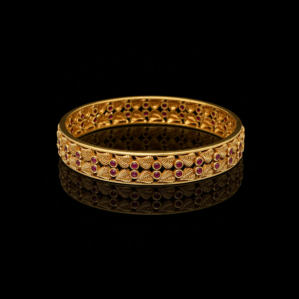 Leaf Row Bezel Stone Bangle Antique Finish