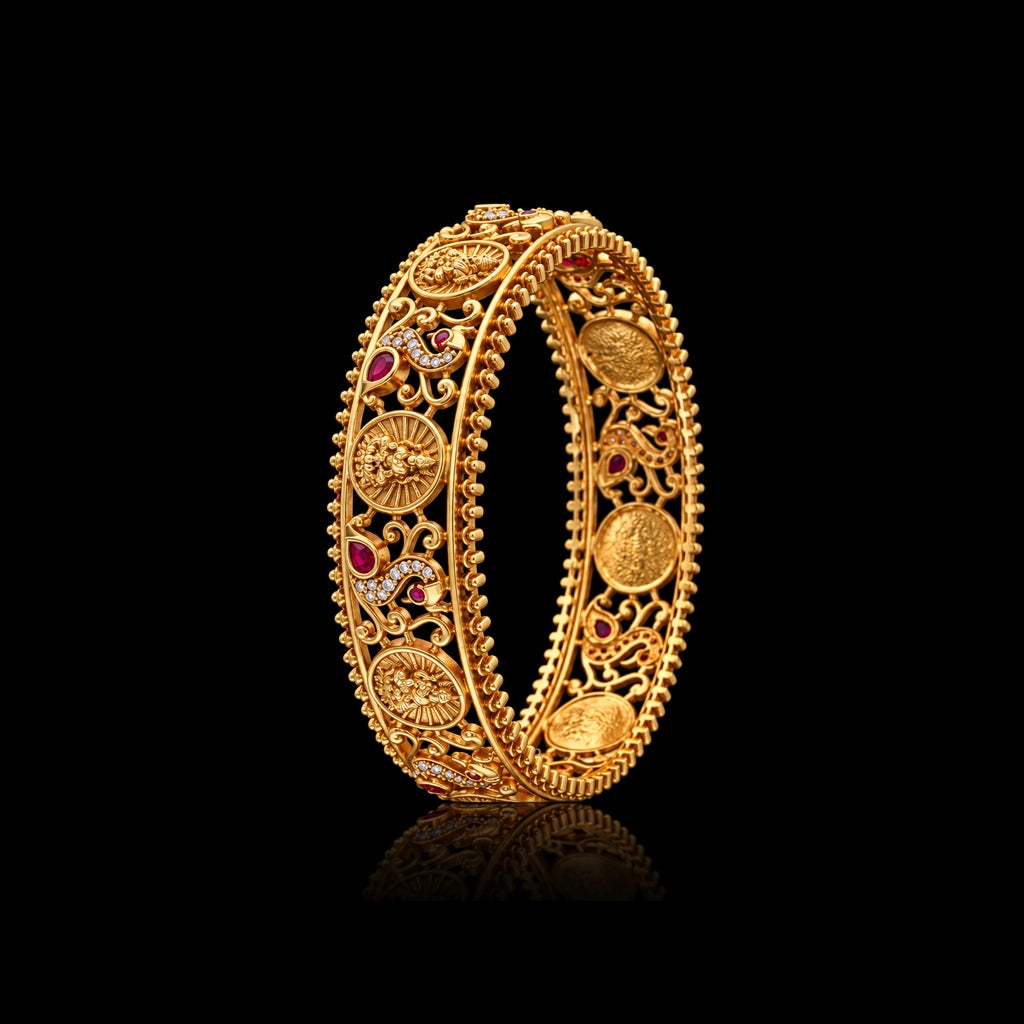 Lakshmi Coin Paisley Lattice Stone Bangle Gold Layered
