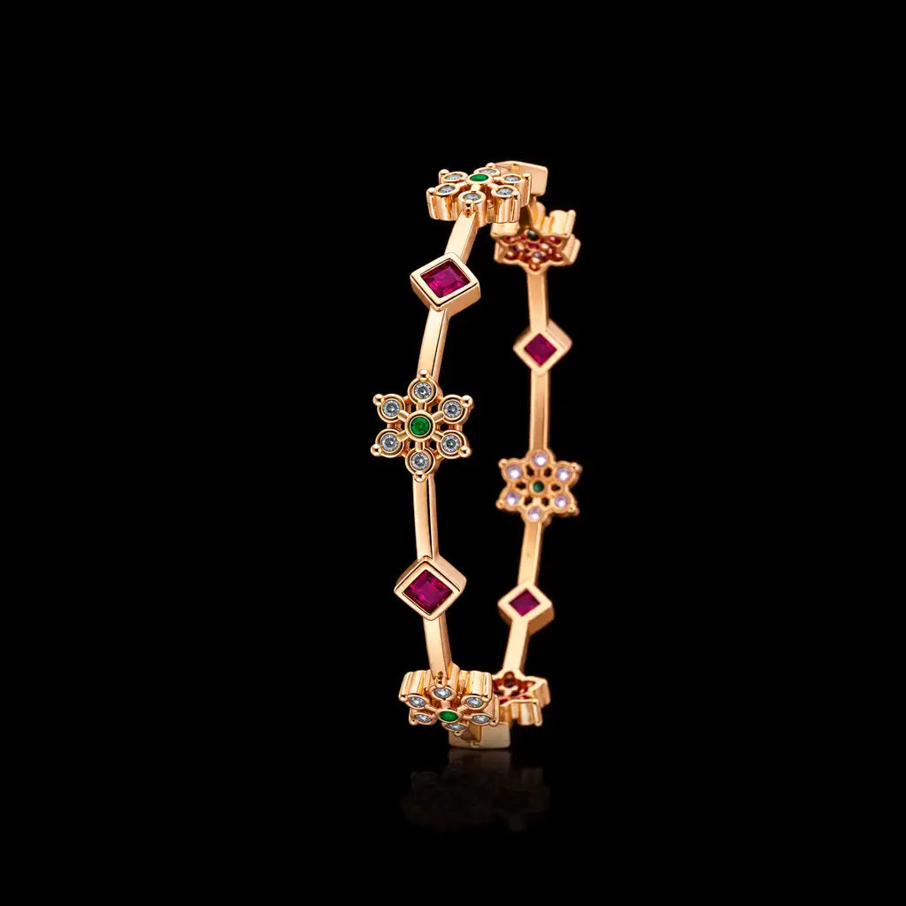 Floral Bezel Square Stone Link Bangle Antique Finish