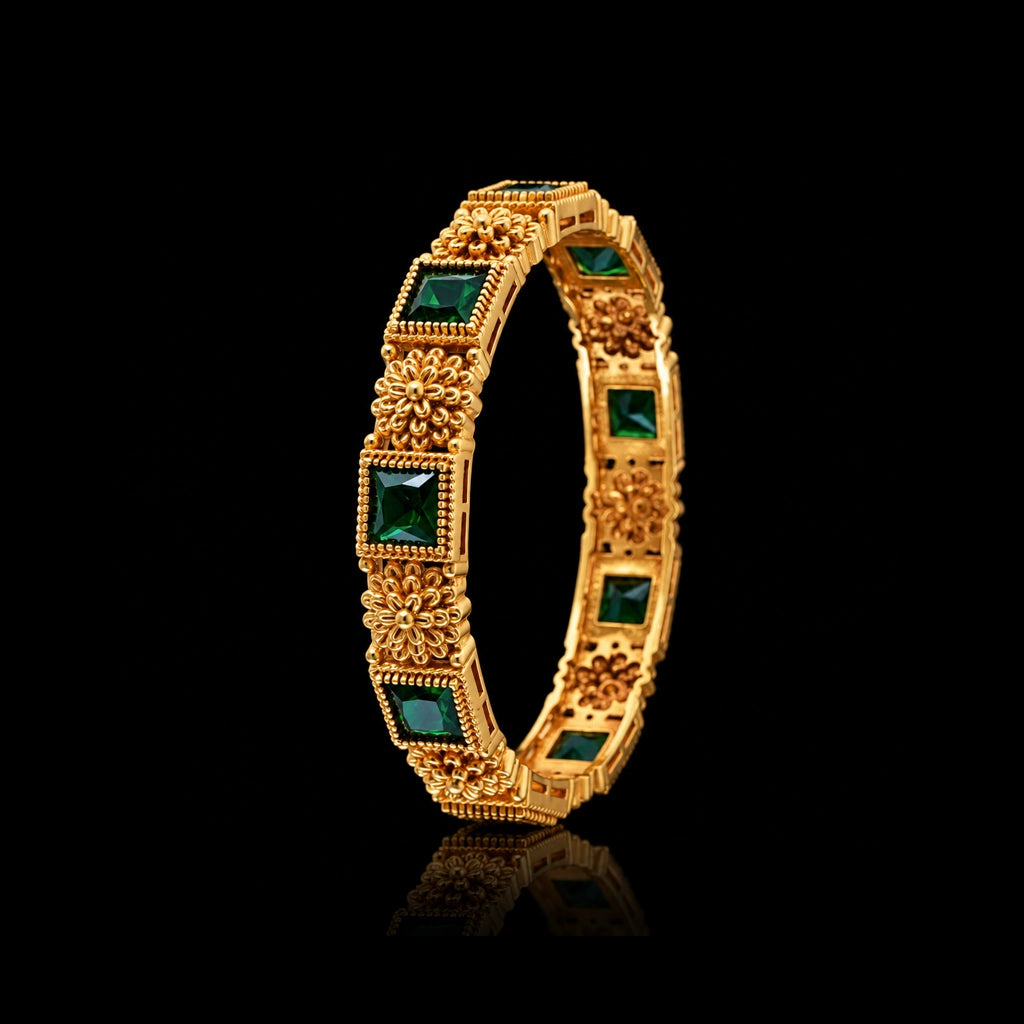 Floral Bezel Square Stone Link Bangle Antique Finish