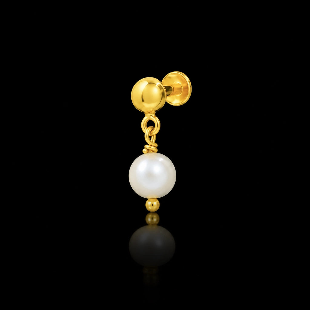 Baby Pearl Ball Drop Hanging Stud Gold Layered