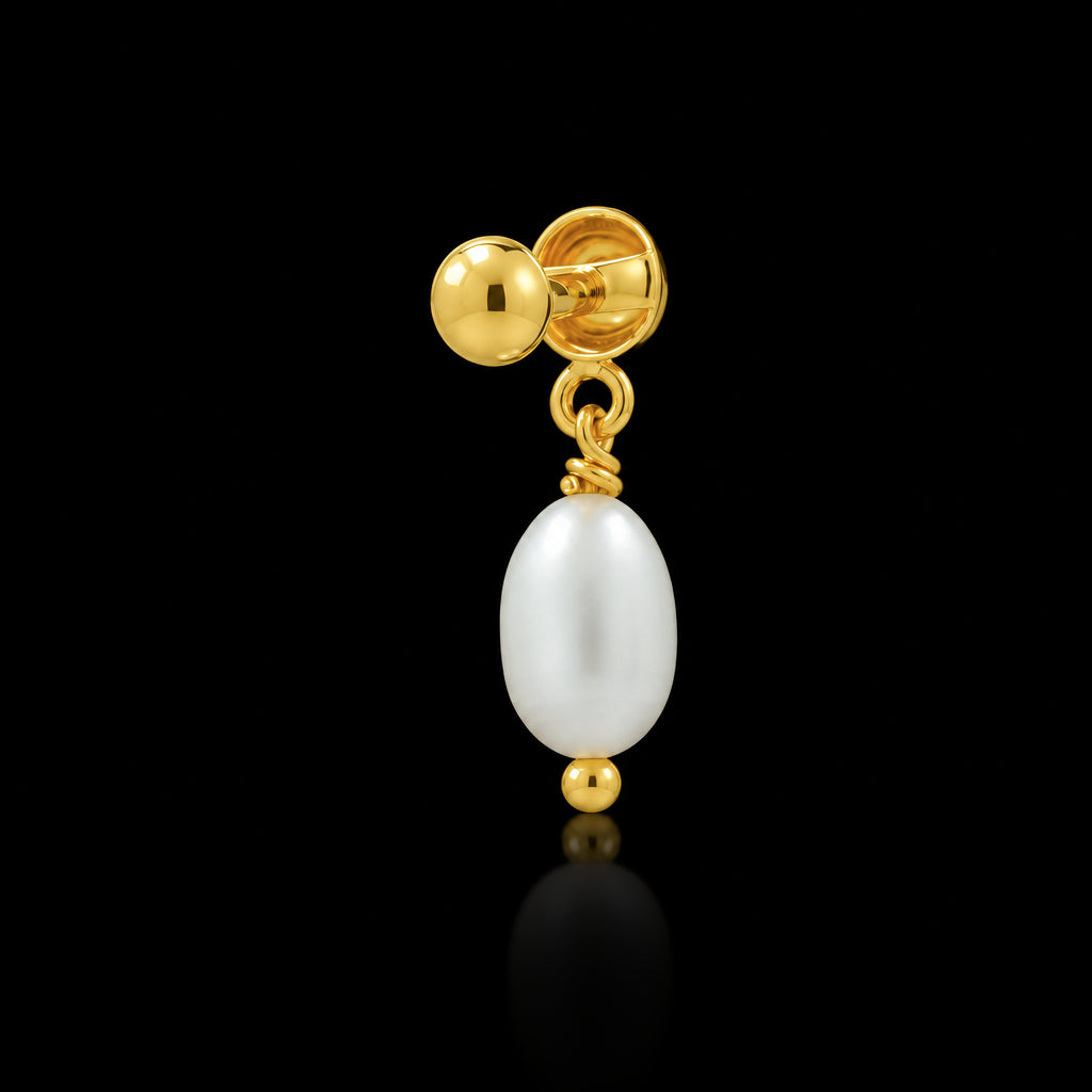 Pearl Oval Drop Baby Hanging Stud Gold Layered