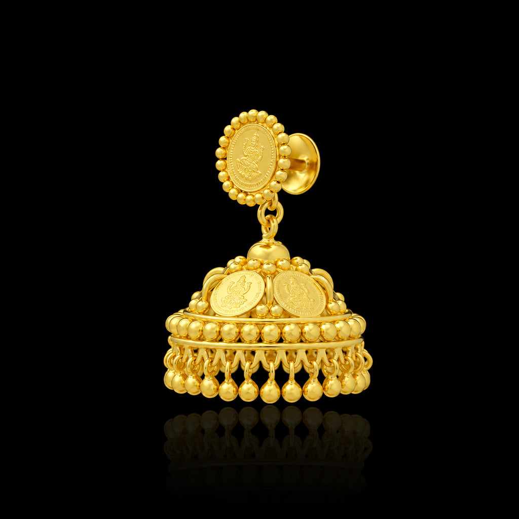 Lakshmi Coin Dome Bead Fringe Jhumka Gold Layered